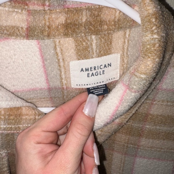 cute oversized fall American Eagle Outfitters Tan and Pink Plaid Shirt - Picture 2 of 3